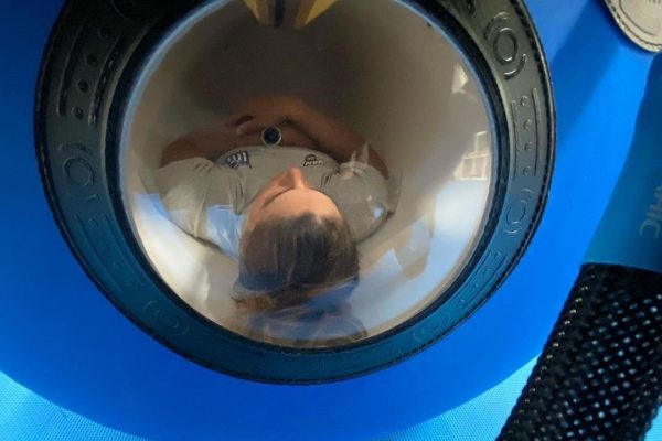 Vasileia Karachaliou inside the OxyNova 5 portable hyperbaric chamber